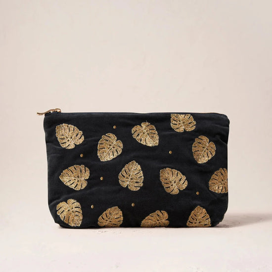 GOLD JUNGLE LEAF CHARCOAL VELVET EVERYDAY POUCH