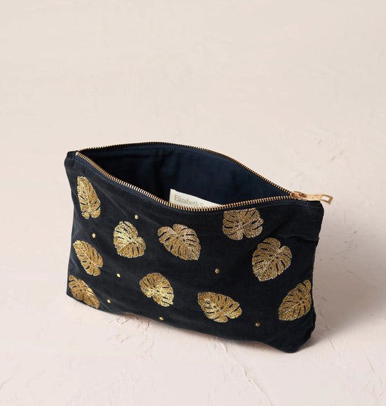 GOLD JUNGLE LEAF CHARCOAL VELVET EVERYDAY POUCH